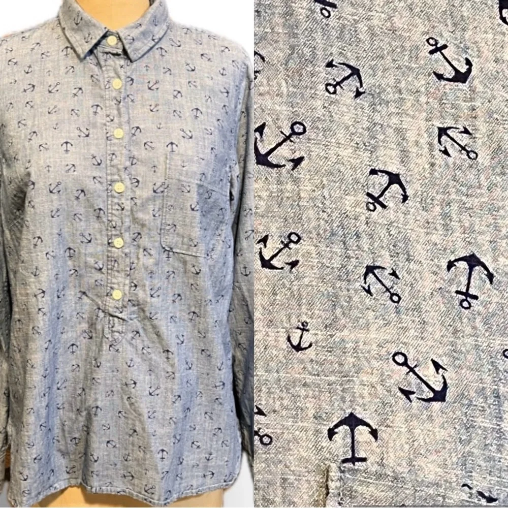 JCrew‎ nautical boat anchor half button shirt 100% chambray cotton coastal ocean